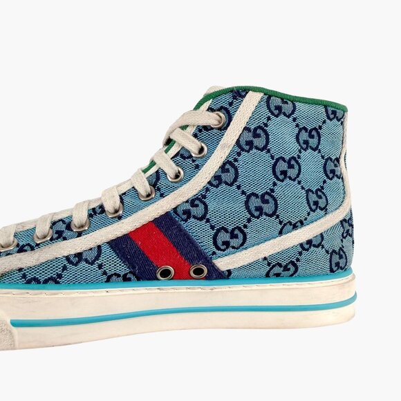 Gucci 1977 Tennis Blue GG Canvas High Top Sneakers Shoes Size 37 US 7 Women’s - Picture 11 of 14